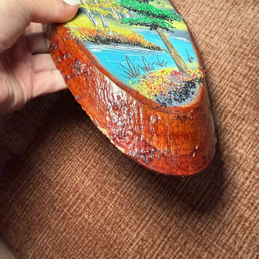 Vintage Hand Painted Live Edge Wood Slab Autumn Forest Lake Landscape Pebble Art - Picture 9 of 12